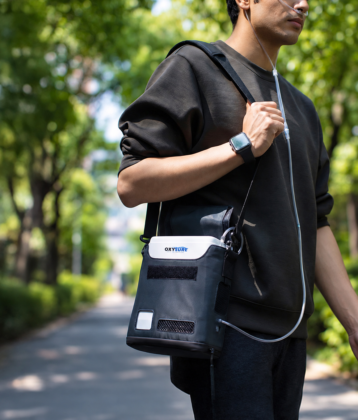 Person enjoying everyday life with portable oxygen support