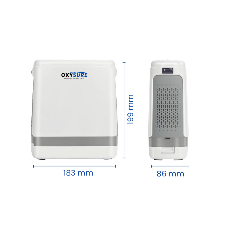 Oxysure Go dimensions: 183 millimetres wide, 86 millimetres deep and 199 millimetres high