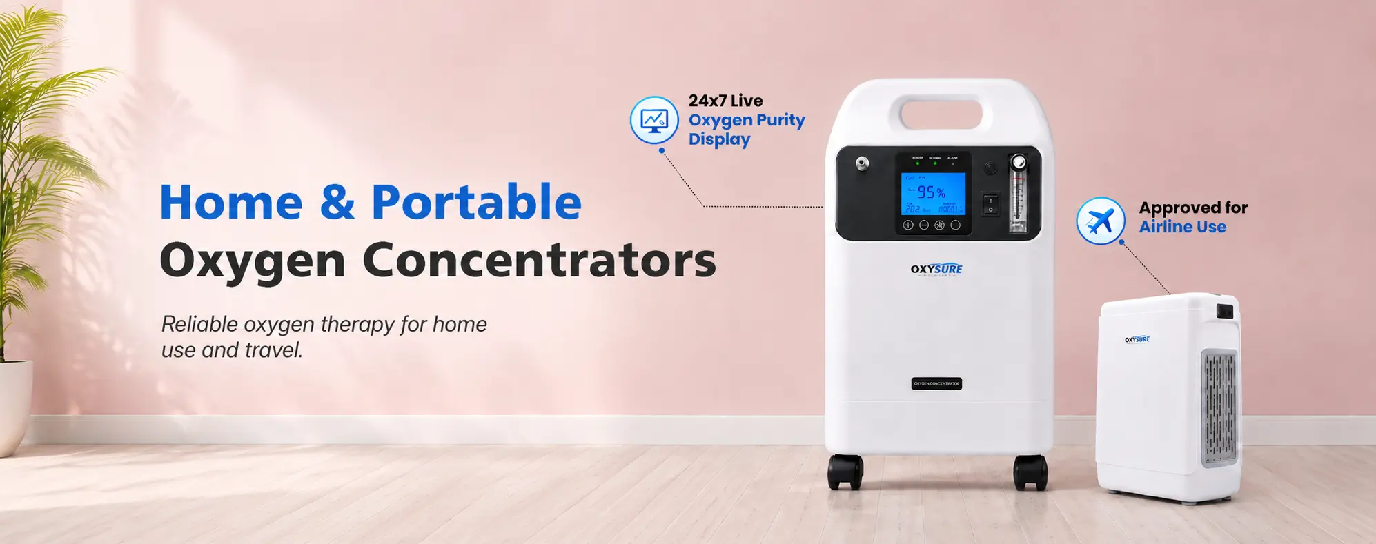 Oxysure Home and portable oxygen concentrators with oxygen purity display and airline-use features
